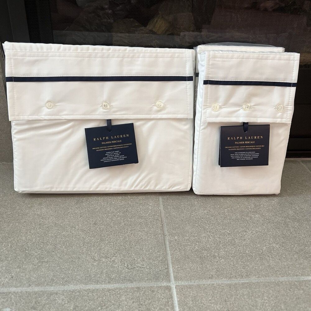 Ralph Lauren Queen Flat Sheet Pillow Cases Organic Cotton Palmer Polo Navy